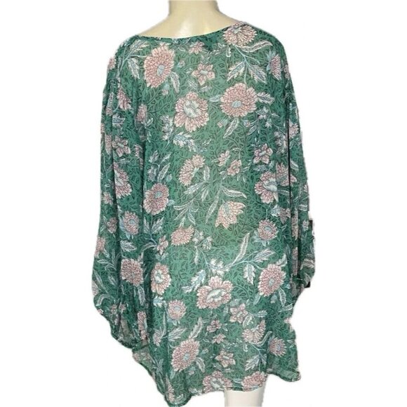 Torrid +6 Semi-Sheer Green Floral Button Down V-Neck 3/4 Blouson Sleeve Blouse - Picture 4 of 6